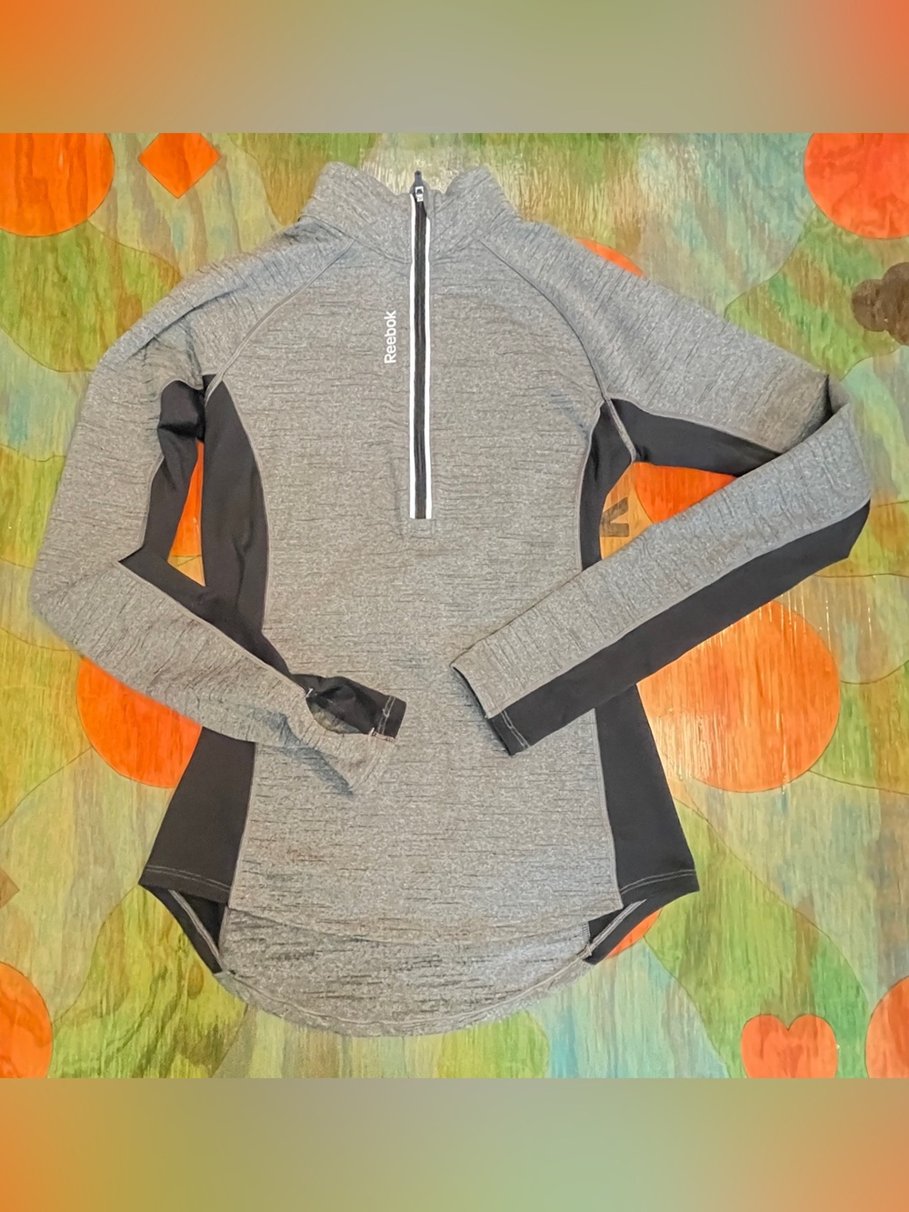 REEBOK Active Gray Black Full Zip Front Jacket Size XSmall Speedwick Thumb Holes